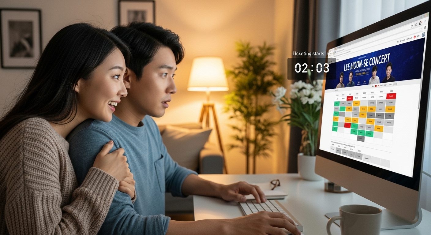 집에서 컴퓨터 화면을 보며 이문세 콘서트 티켓팅을 시도하는 한국인 커플