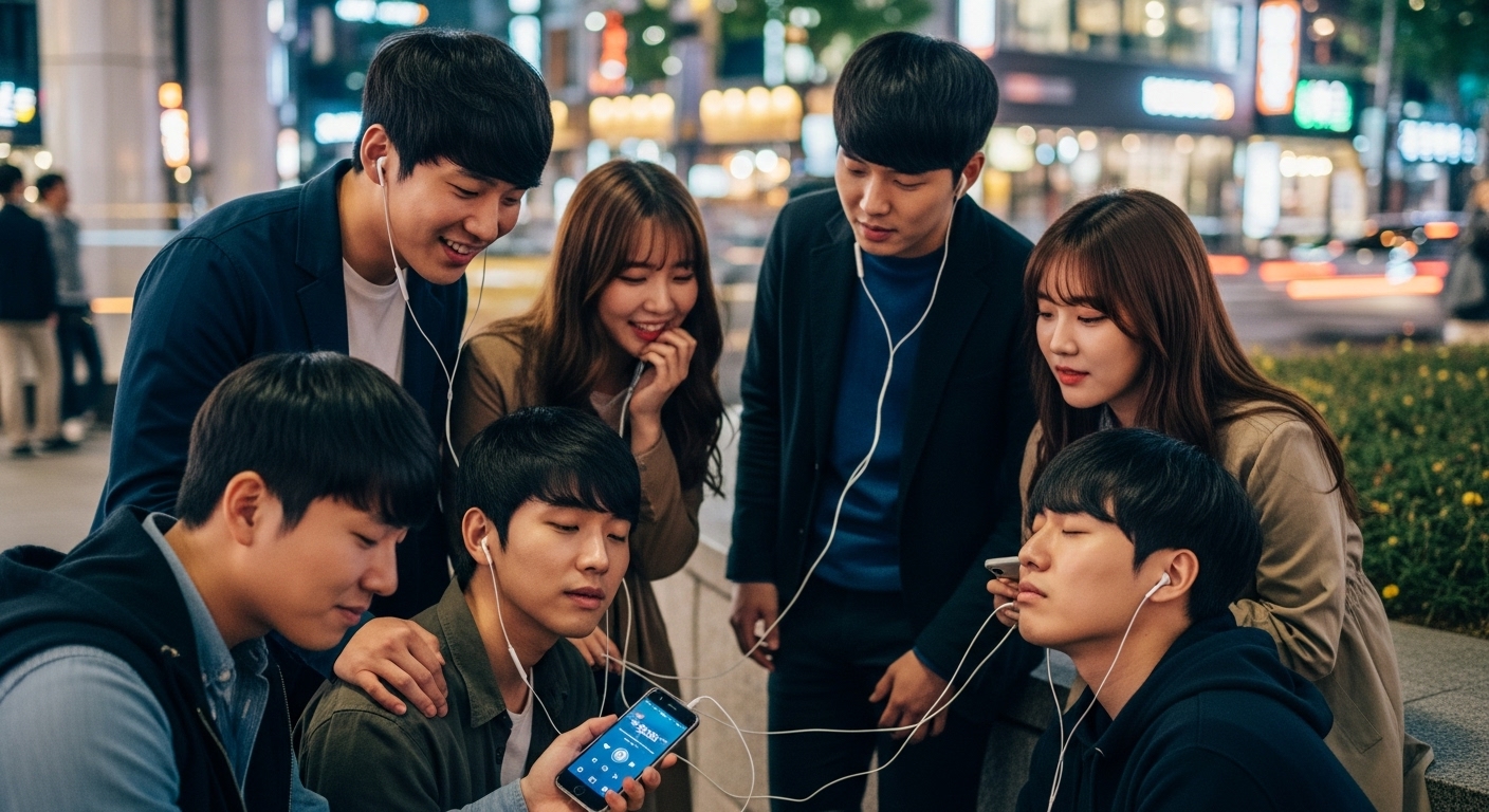 도시 야경 속에서 함께 음악을 듣고 있는 젊은이들의 다양한 감정