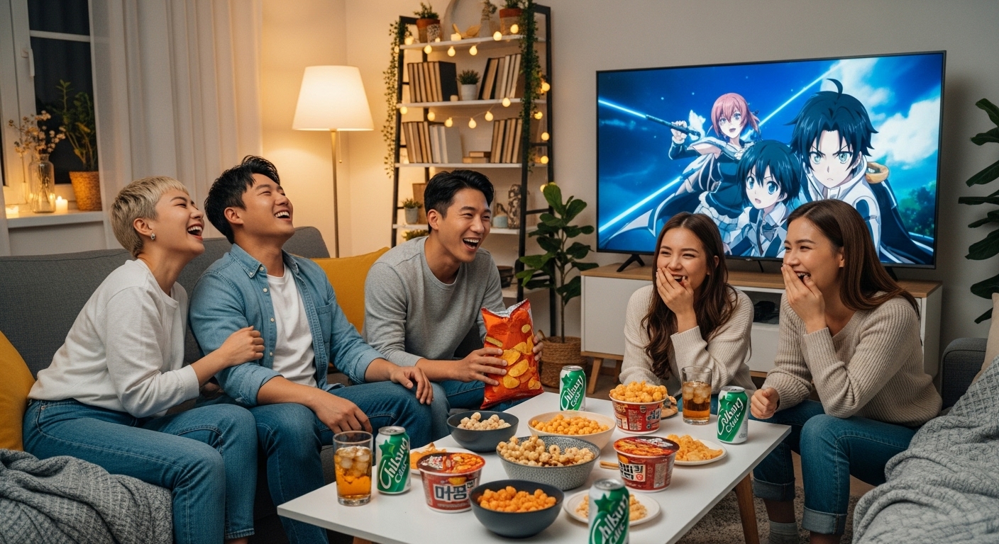 친구들이 거실에서 큰 화면의 TV로 애니를 보며 웃고 있는 모습