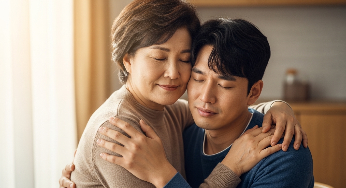 성인 아들과 감정적으로 교감하며 포옹하는 어머니의 모습
