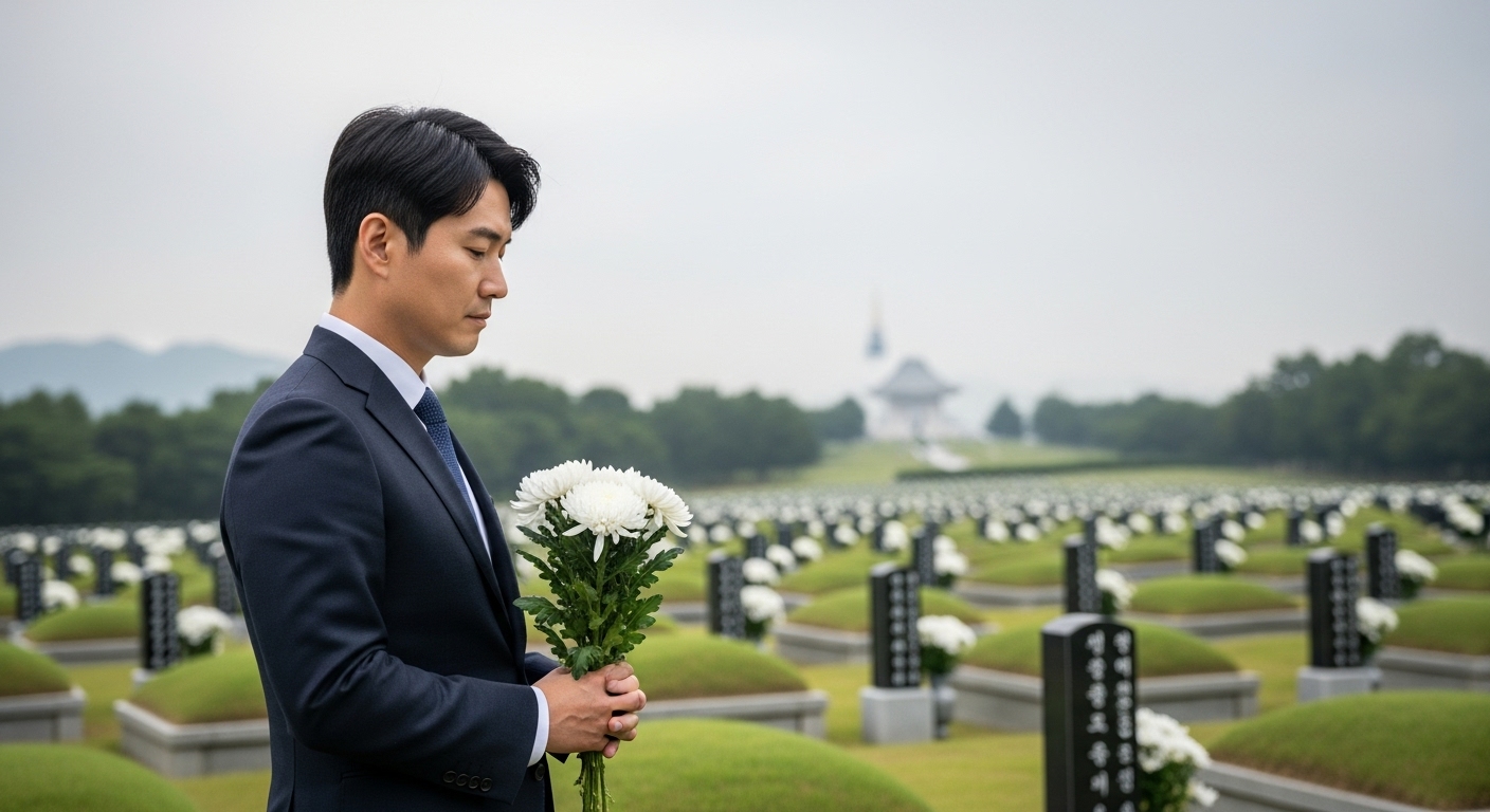광주 5·18 국립묘지에서 흰 국화를 들고 있는 남성