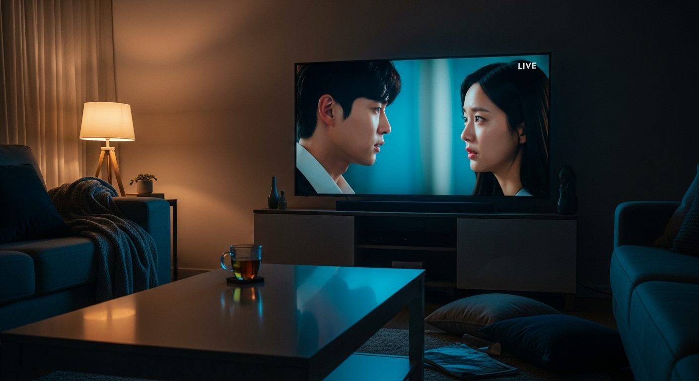 거실에서 대형 TV로 한국 드라마를 실시간 방송으로 시청하는 따뜻한 가정의 모습
