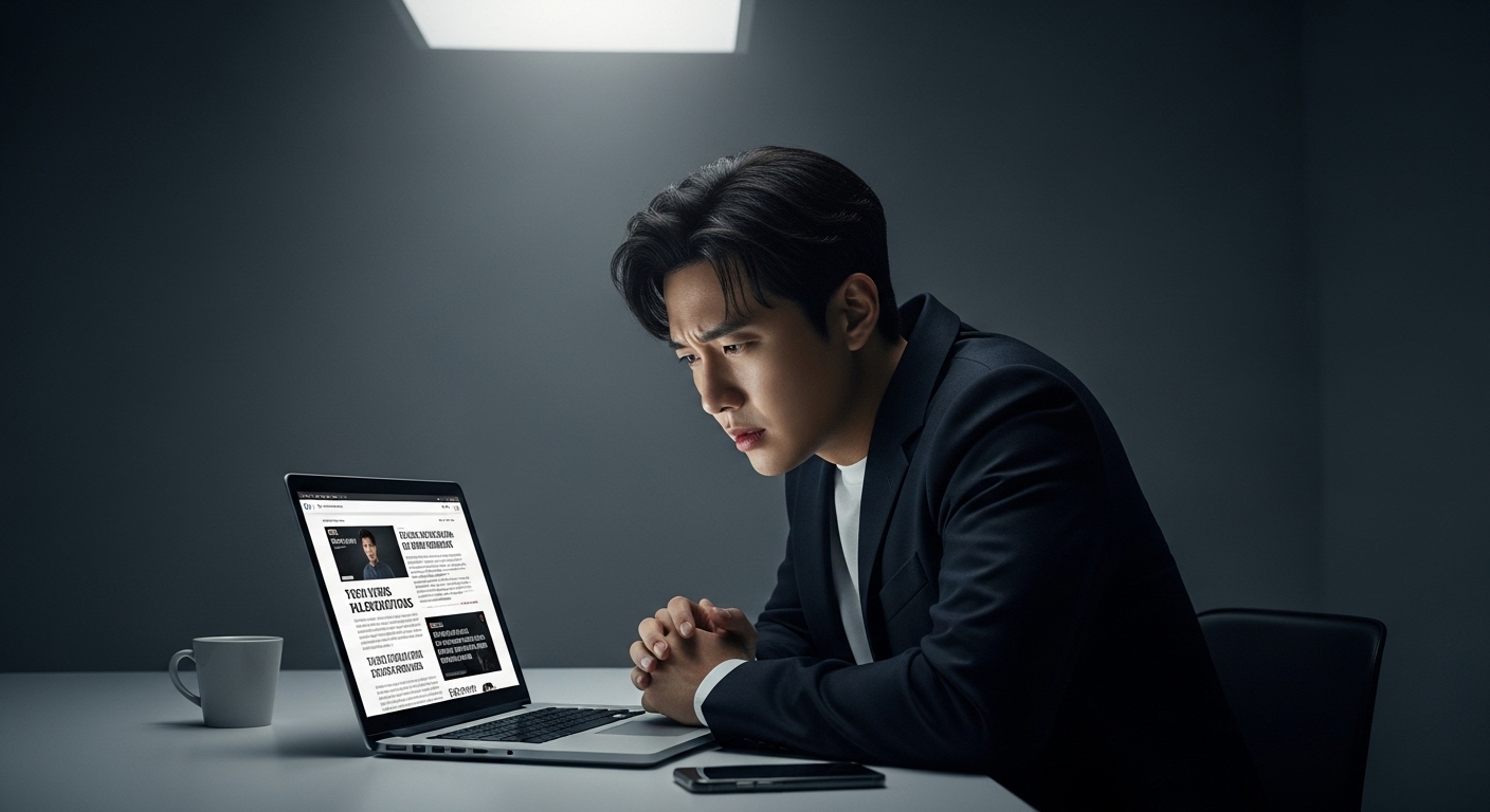 어두운 스튜디오에서 노트북으로 자신의 논란 기사를 읽고 있는 남자 연예인의 모습