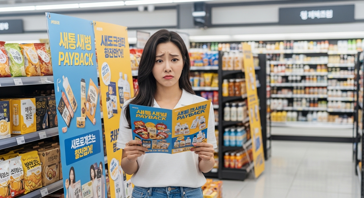 현대적인 여성이 편의점에서 상생페이백 홍보물을 보며 고민하는 모습