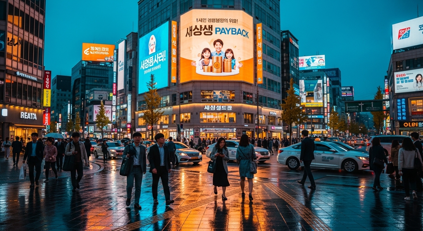 번화한 거리에서 상생페이백 광고판과 지나가는 사람들
