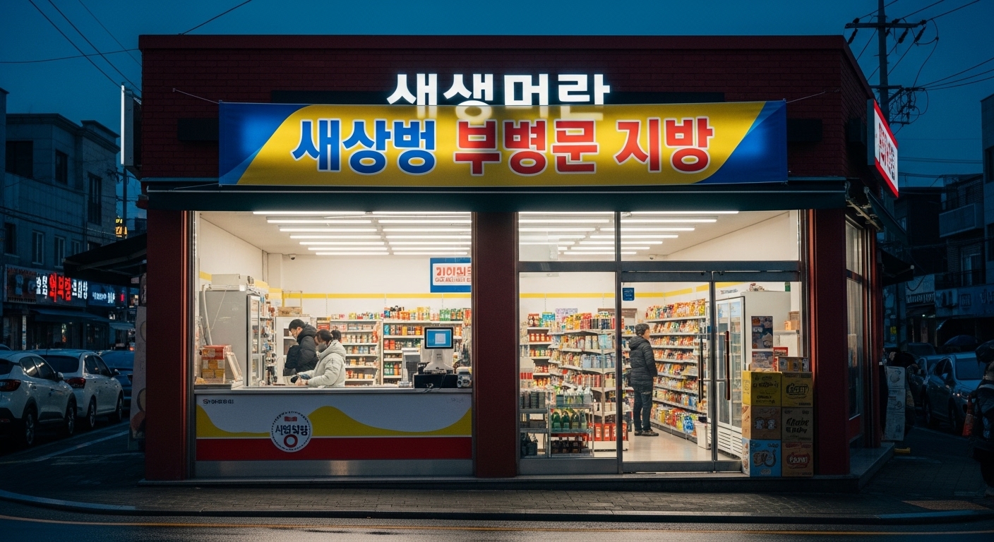 저녁 시간대에 동네 작은 편의점 앞에 상생페이백 혜택 가능 표시가 있는 모습