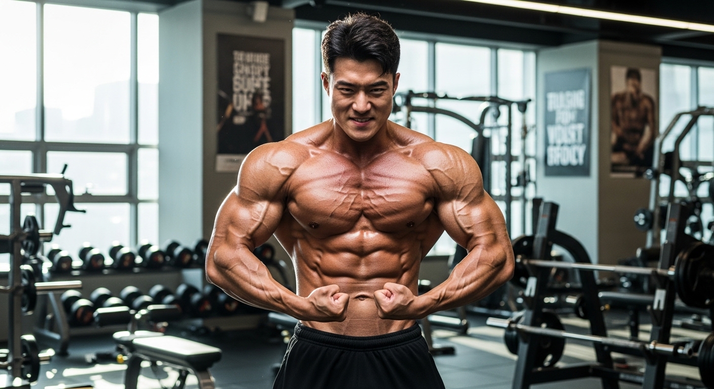 한국 보디빌더가 헬스장에서 근육을 과시하는 모습