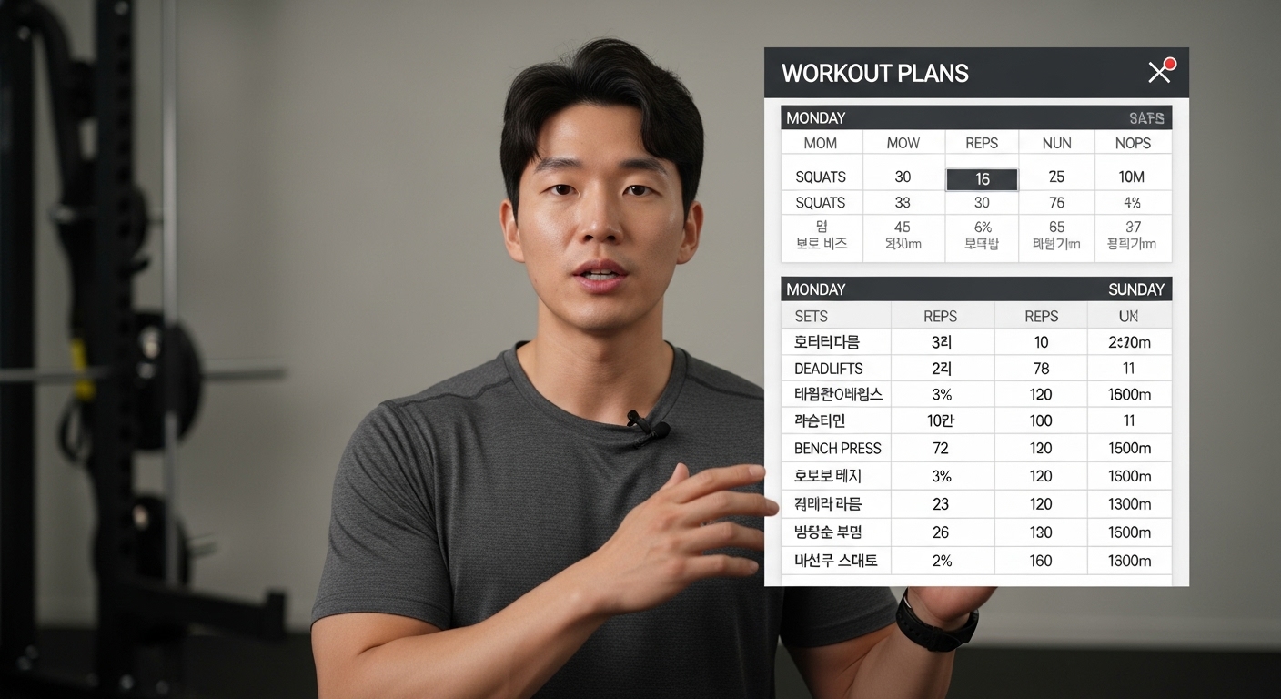 운동 계획을 설명하는 한국 운동선수의 유튜브 채널 장면