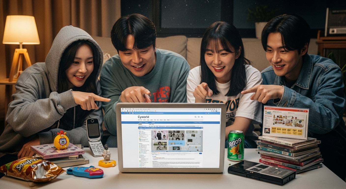 젊은 사람들이 과거의 싸이월드 웹페이지를 보며 추억을 떠올리는 장면