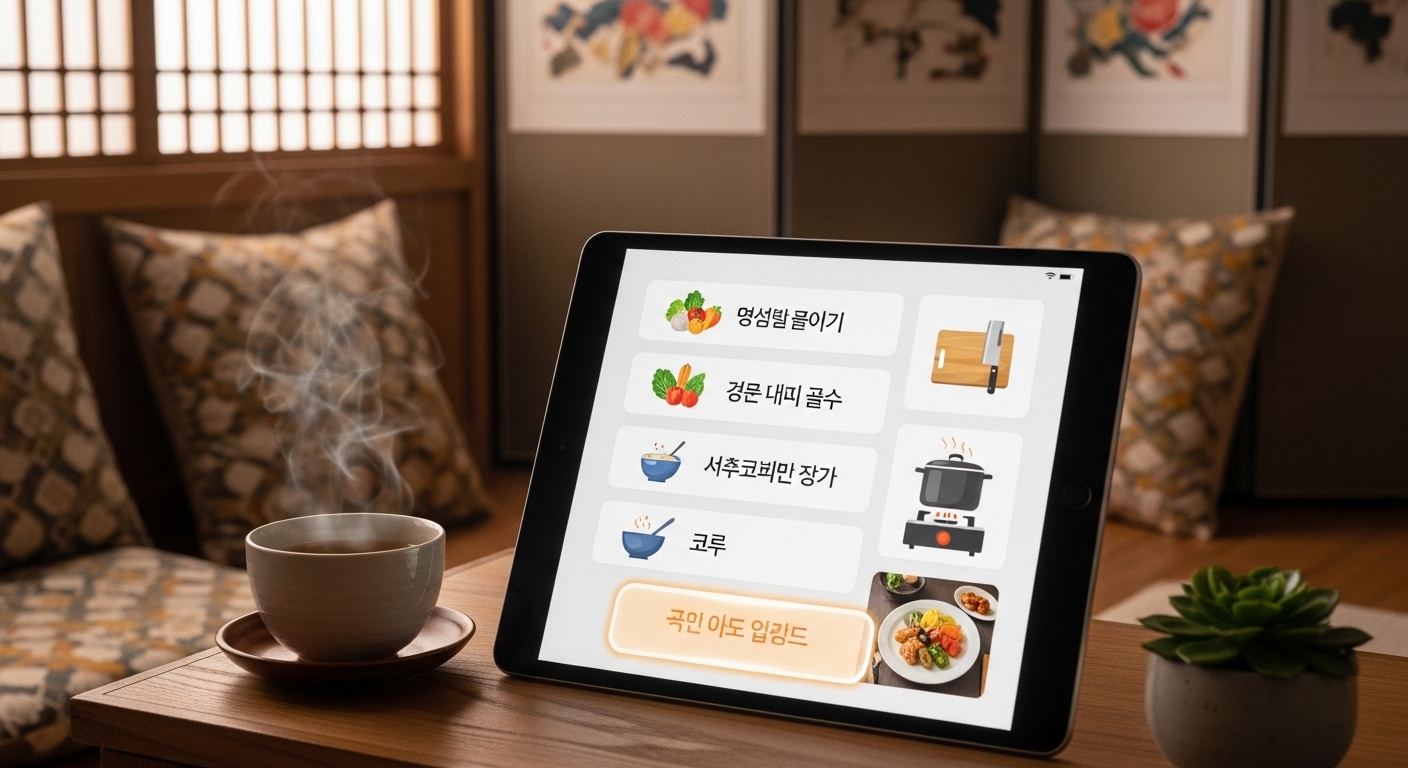 태블릿 화면에 표시된 단계별 가이드와 포근한 집 안 풍경