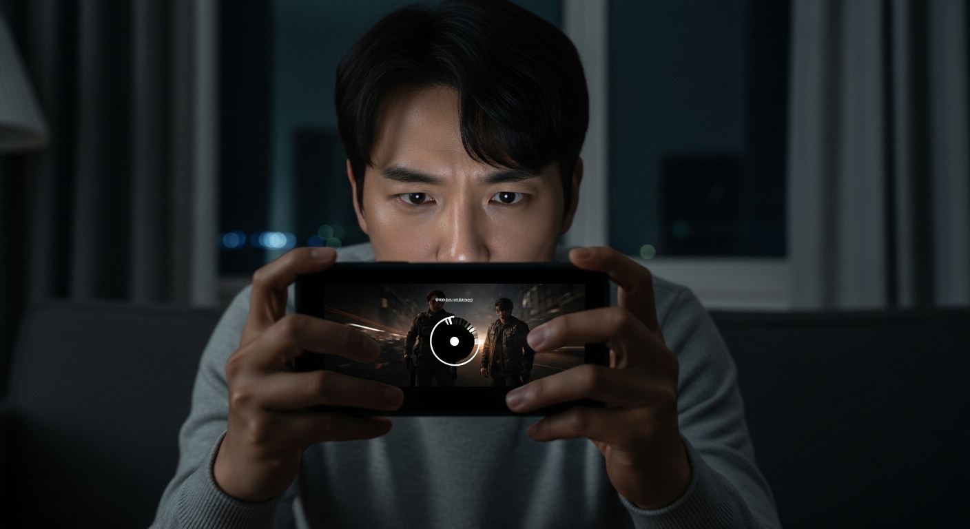 어두운 방에서 스마트폰으로 유튜브를 시청하던 중 액션 장면에서 갑자기 화면이 어두워지는 모습