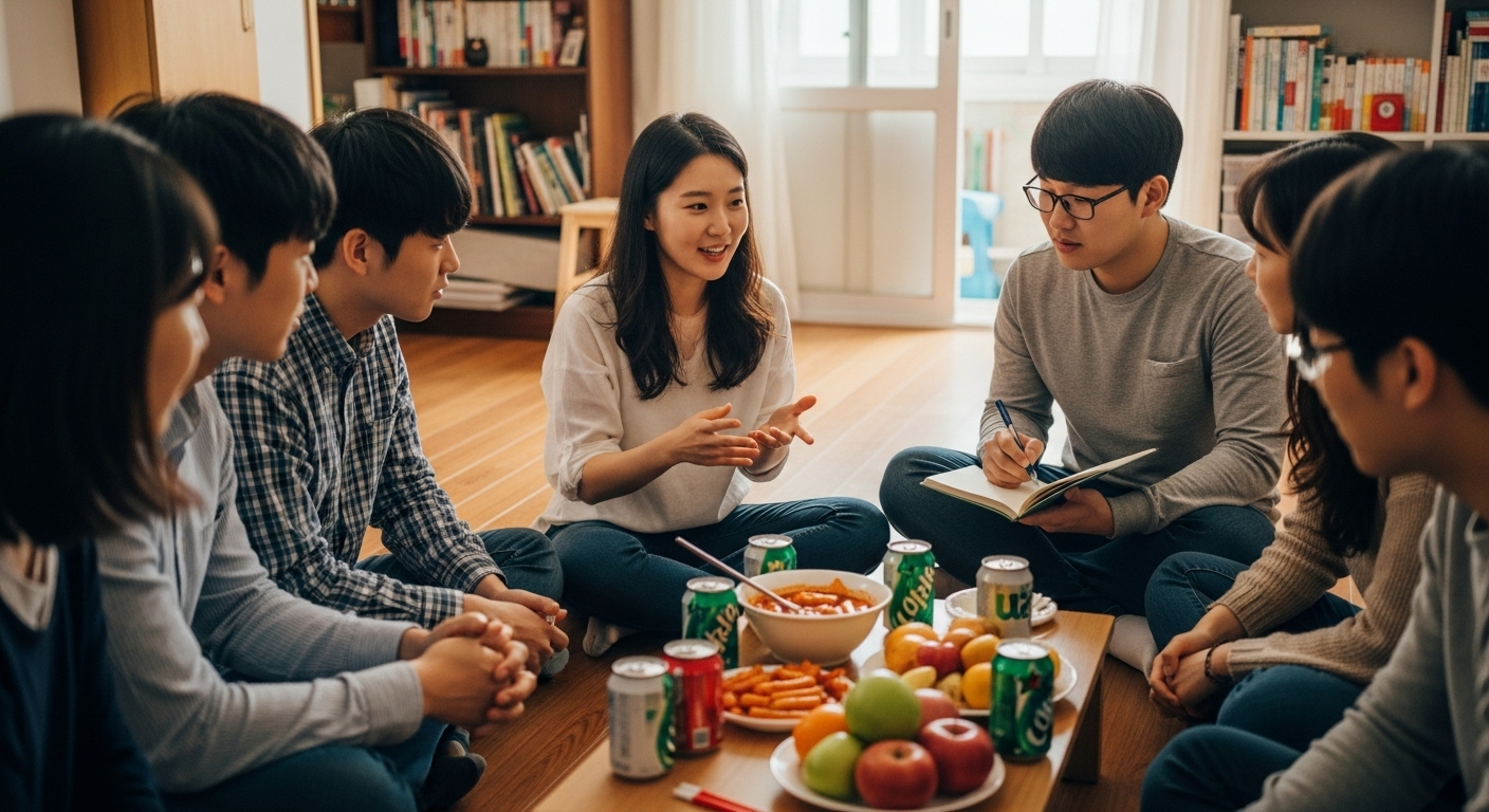 바닥에 둘러앉아 노트를 들고 규칙 설명을 듣는 한국 친구들