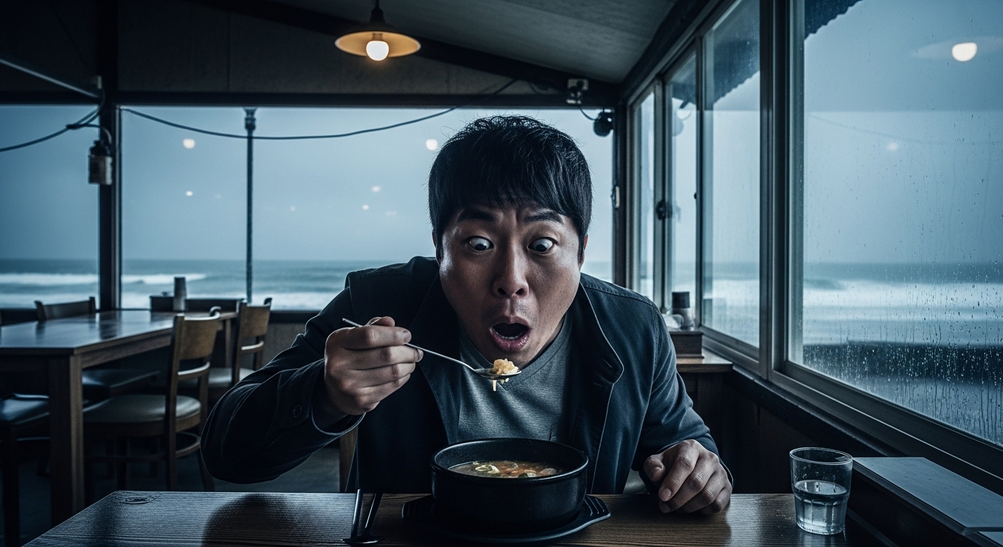 해변 레스토랑에서 수프를 맛보며 충격받은 한국 남성의 극적인 장면
