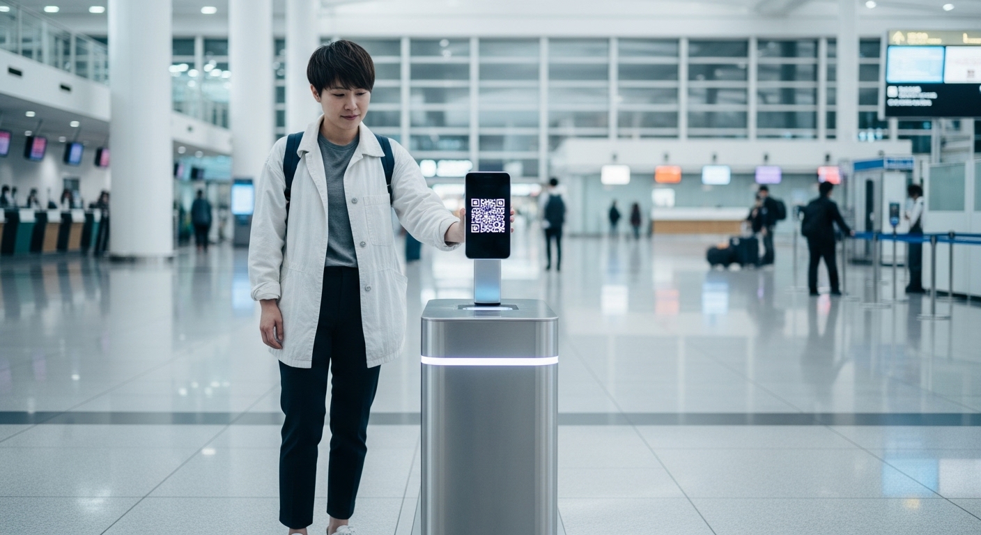 한국인 여행자가 스마트폰으로 QR 코드를 보여주며 일본 공항에 입국하는 모습
