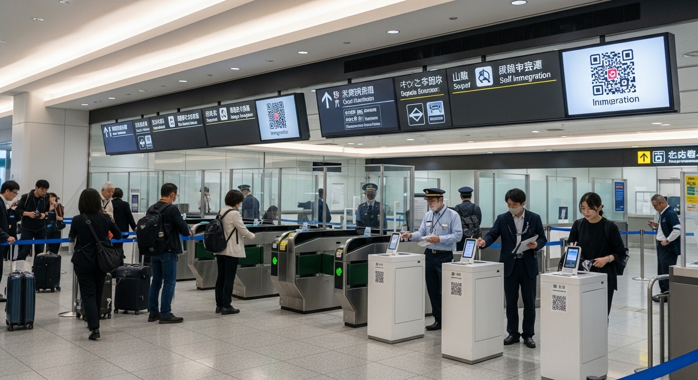 일본 공항에서 여행자들이 QR 코드를 사용하여 빠르게 입국하는 풍경