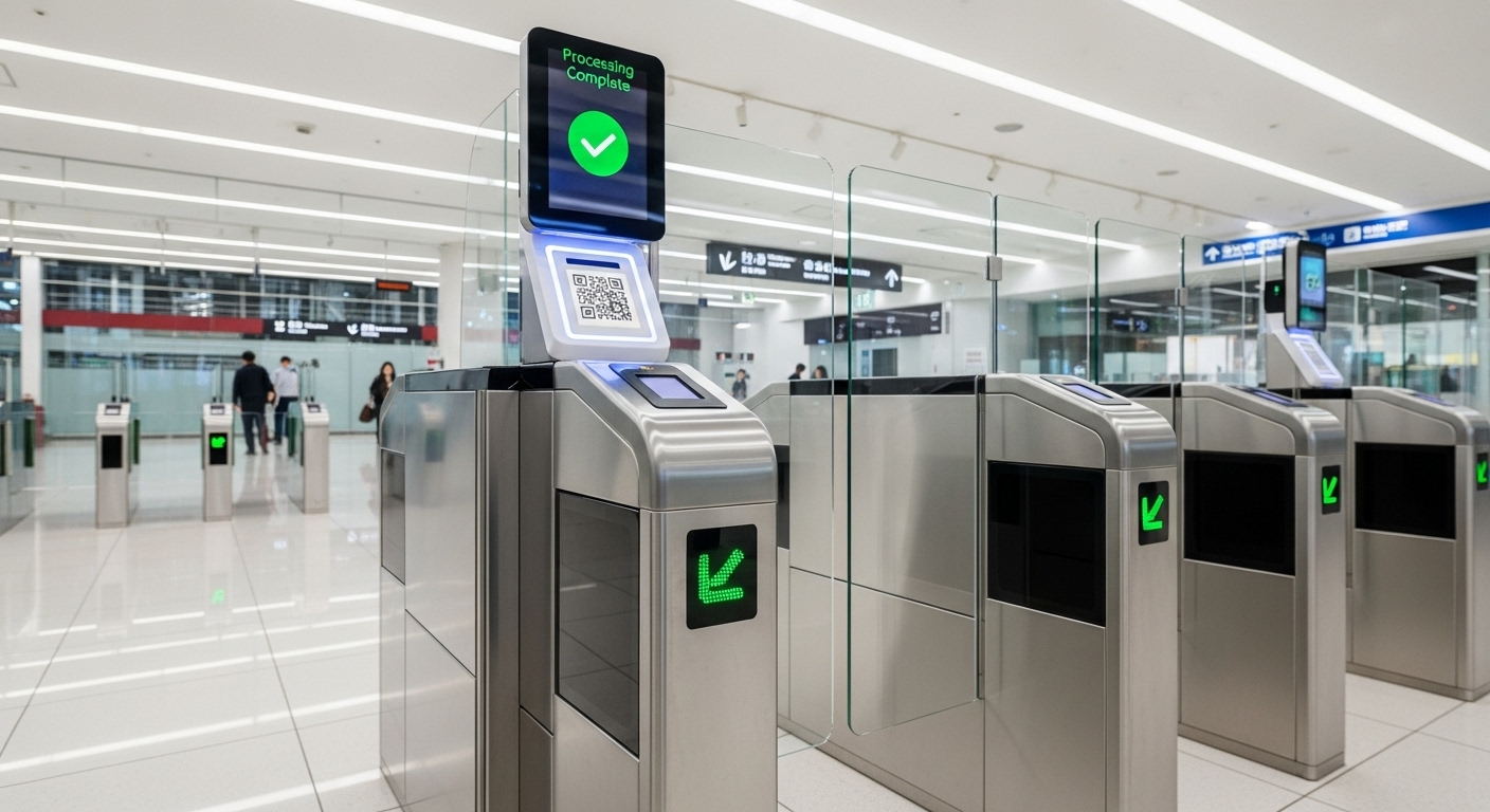 일본 공항의 자동 출입국 심사 게이트에서 생체 인식 및 QR 코드 스캔을 통한 통과 과정