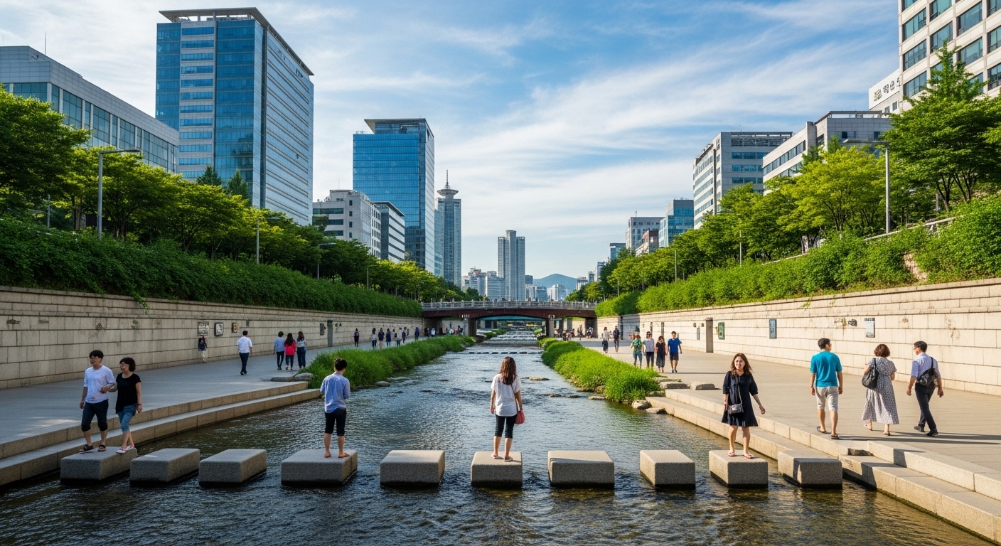 서울 도심 속 청계천 전경과 강변을 걷는 사람들의 모습
