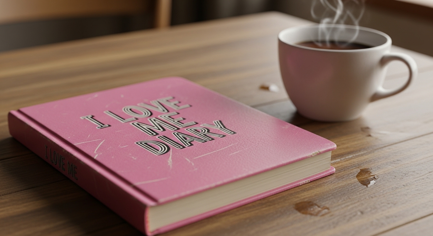약간의 흠집이 있는 'I LOVE ME DIARY'와 커피잔이 나무 책상 위에 놓여있는 클로즈업