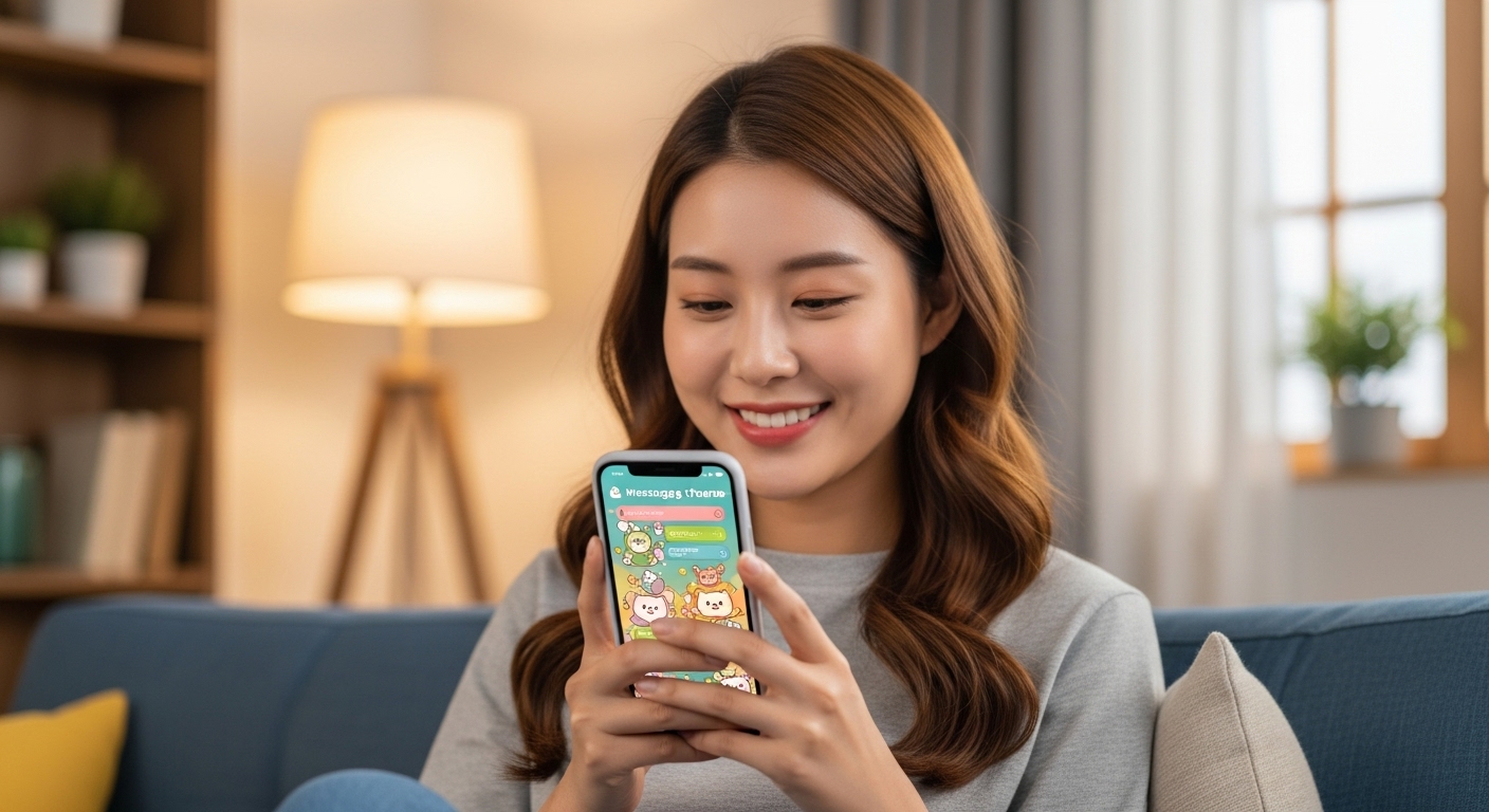 스마트폰에서 귀여운 메시지 테마를 확인하며 미소 짓는 여자의 모습