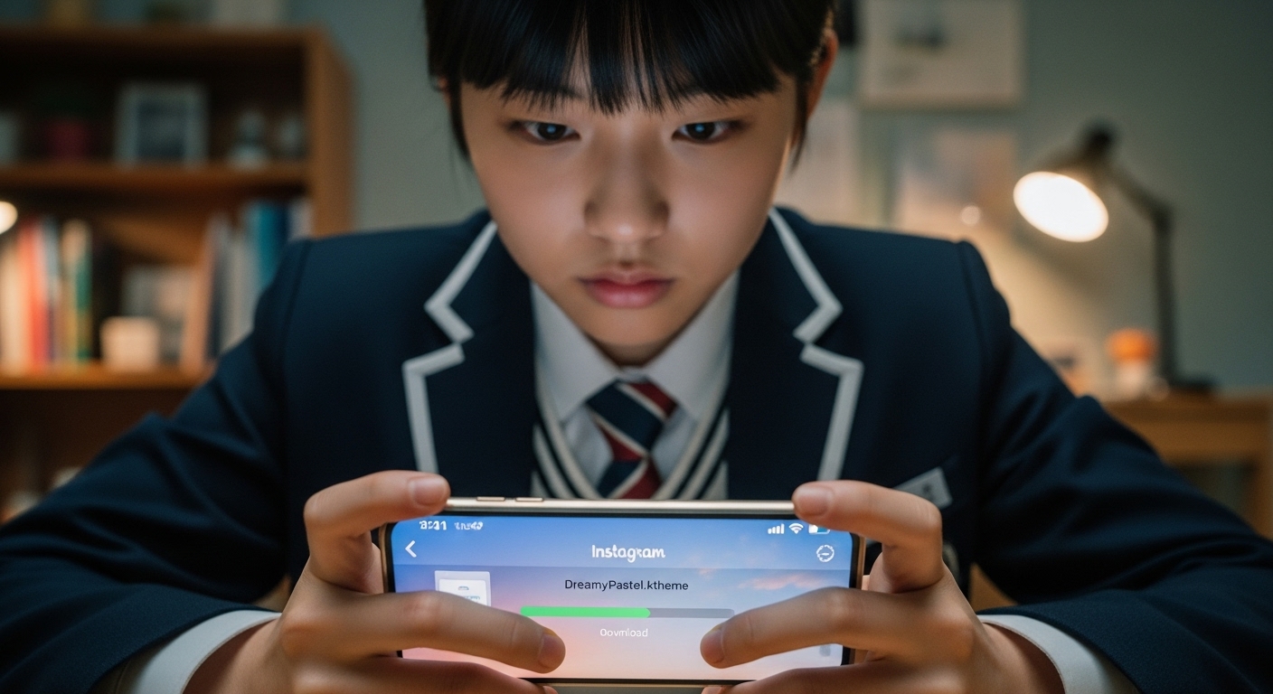 인스타그램에서 아이폰으로 .ktheme 파일을 다운받는 학생의 모습