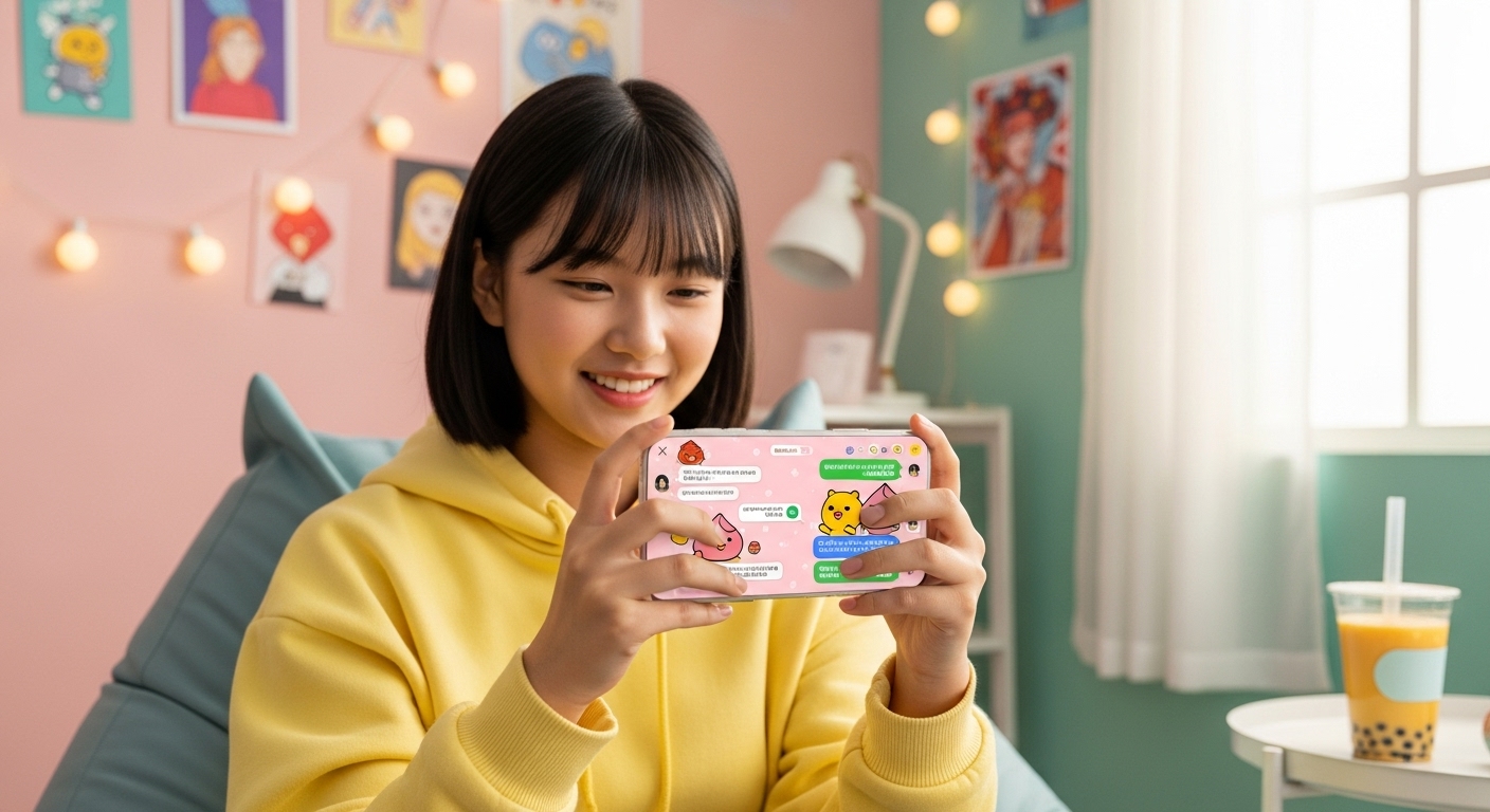 활기찬 방에서 귀여운 테마로 친구들과 카카오톡을 하는 십대