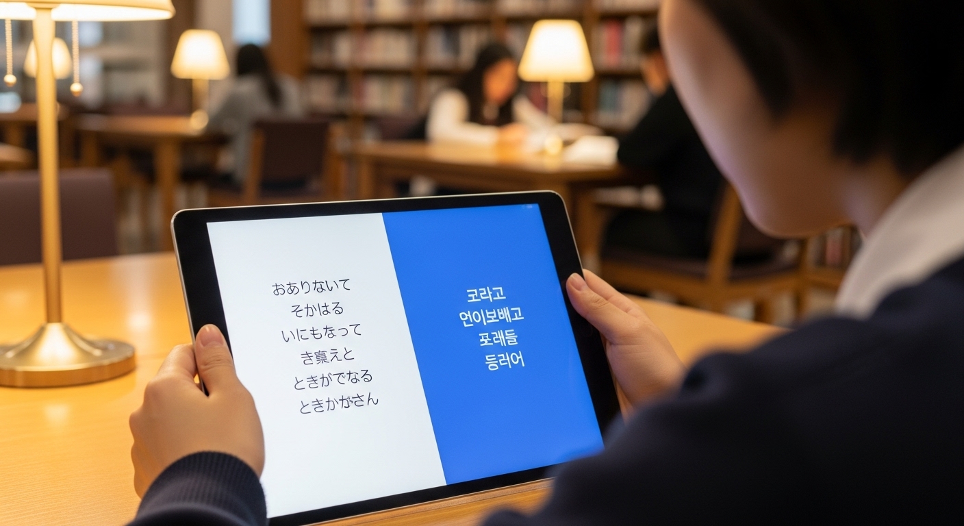 도서관에서 태블릿으로 일본어와 한국어 가사를 비교하는 학생