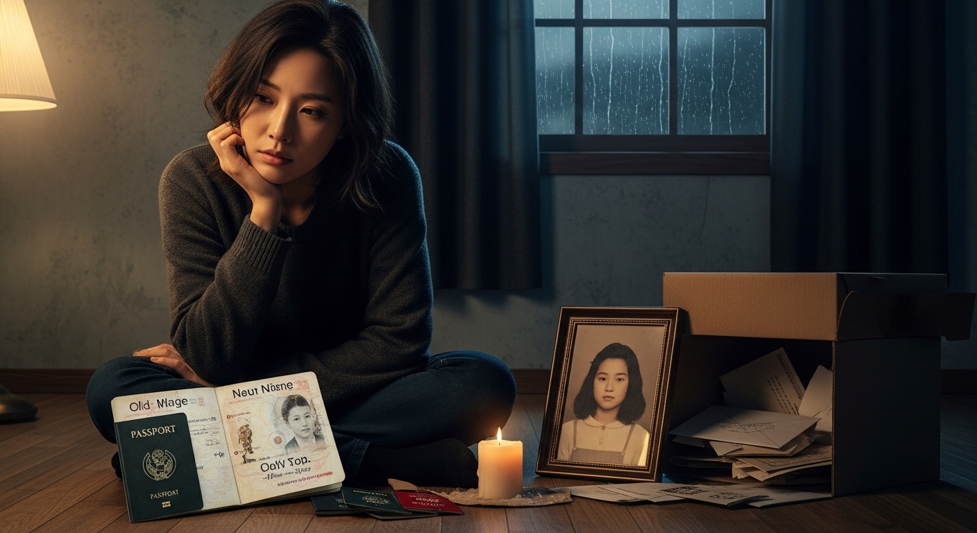 어두운 방 안에서 자신의 과거와 변화된 정체성을 생각하는 젊은 여성