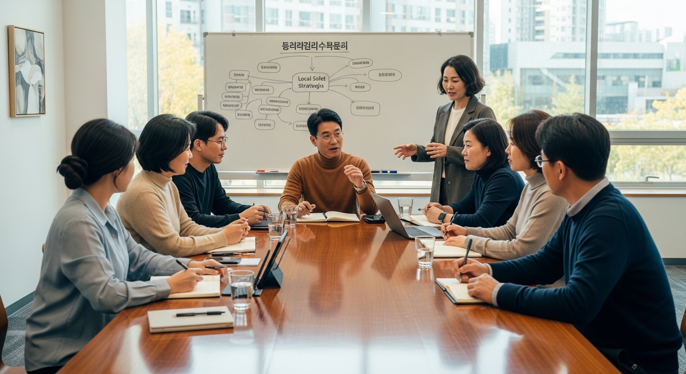 현대적인 회의실에서 지역 사회 안전을 논의하는 한국 예비역 봉사자들