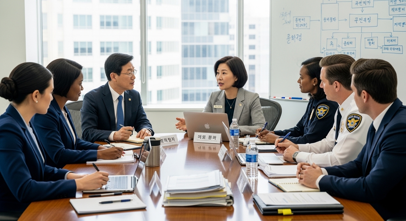 사무실에서 협력 회의를 하는 한국 커뮤니티 단체와 공공기관들