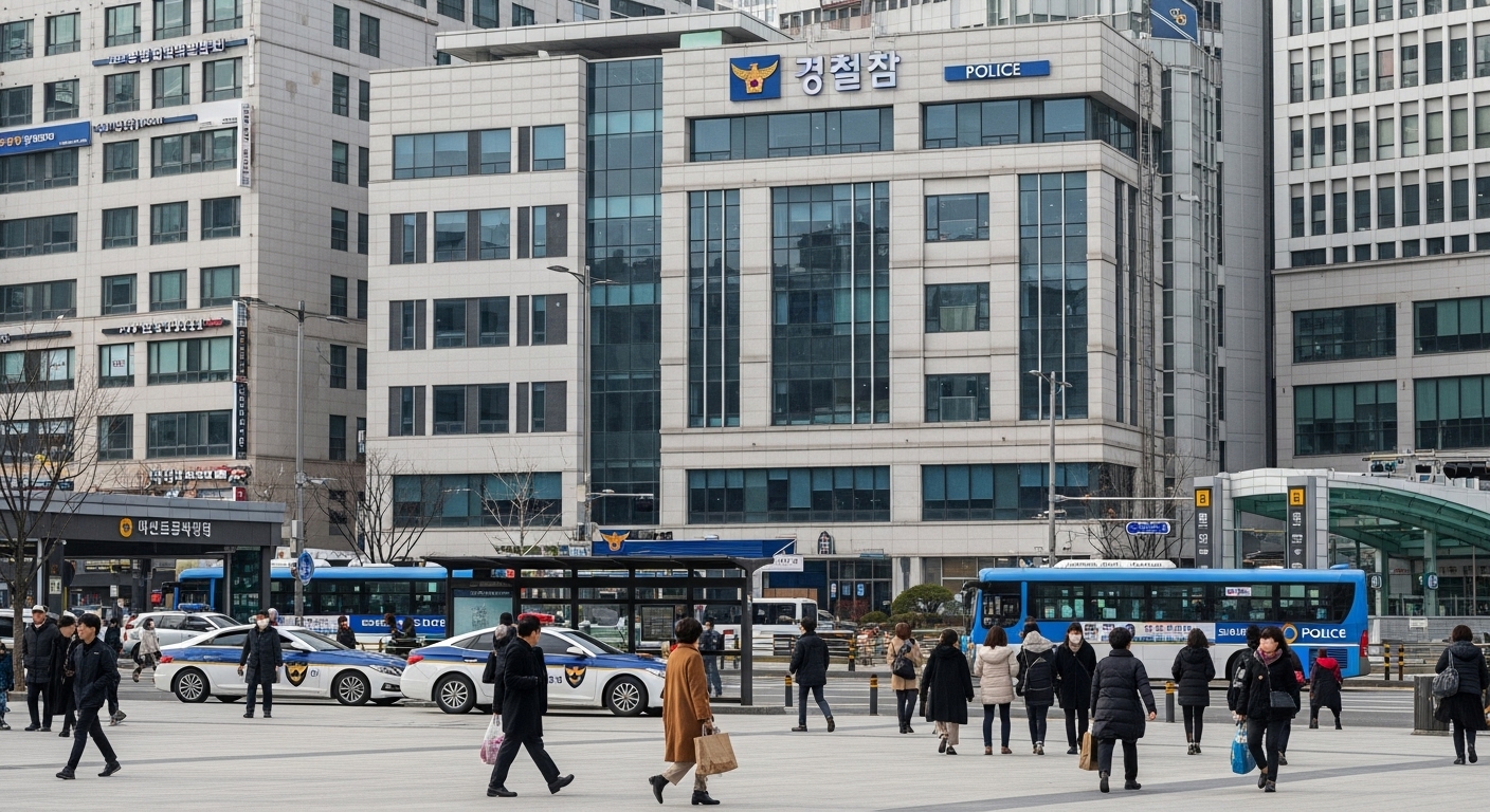 도심 속 바쁜 거리의 현대적인 경찰서 모습