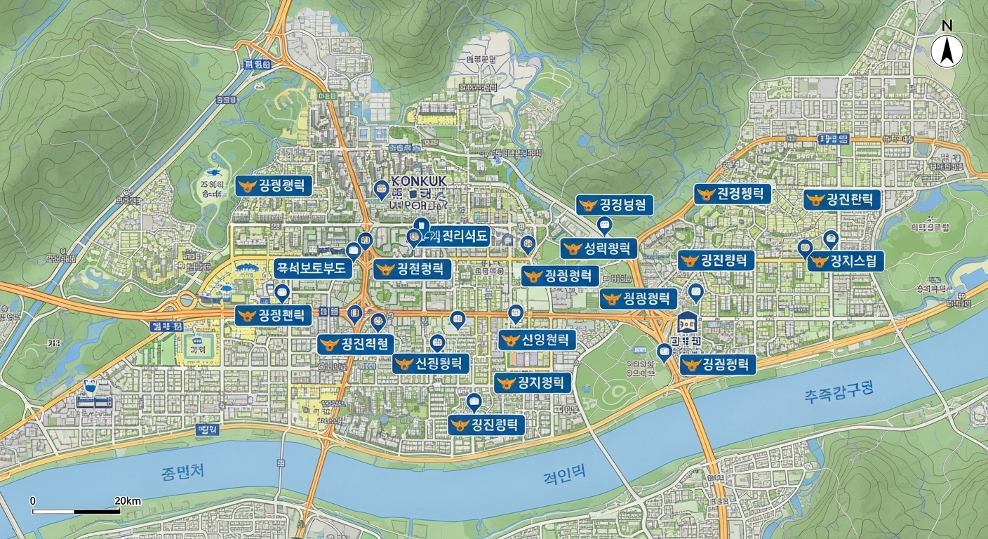 광진구 내 여러 경찰 파출소 위치가 표시된 지도