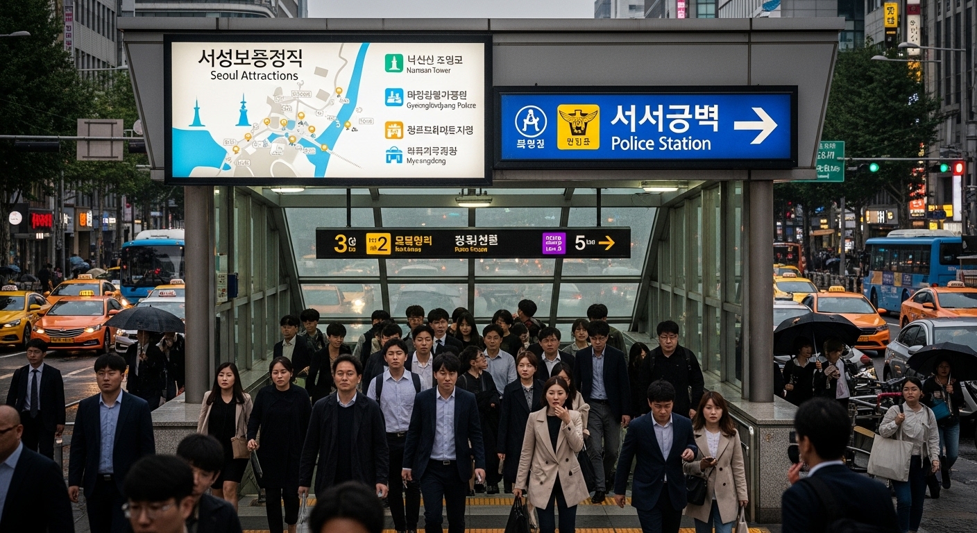 서울 지하철역 입구에서 많은 사람들이 이동 중인 모습
