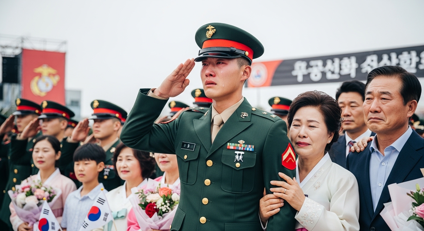 해병대 수료식에서 군복을 입고 눈물을 흘리며 경례하는 젊은 남성의 진지한 순간