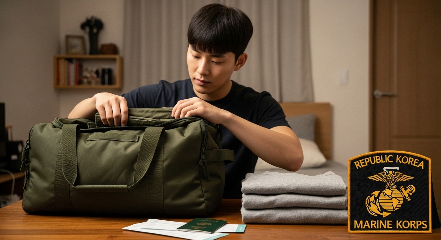 집에서 군용 더플백에 소지품을 정리하며 결단력 있는 모습을 보이는 젊은 남성