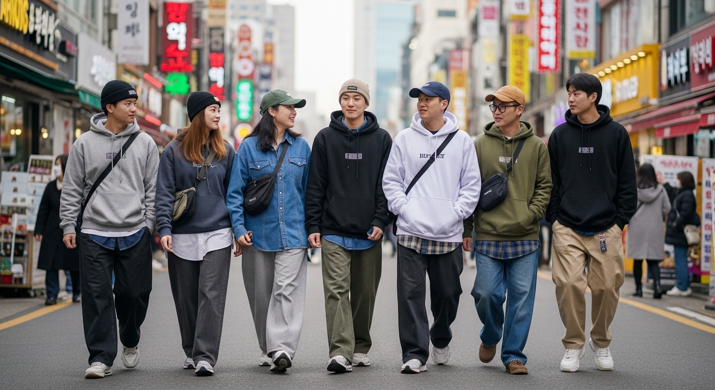 오버사이즈 후드티와 루즈 팬츠를 입고 여유로운 실루엣을 강조하는 거리의 패셔니스타들