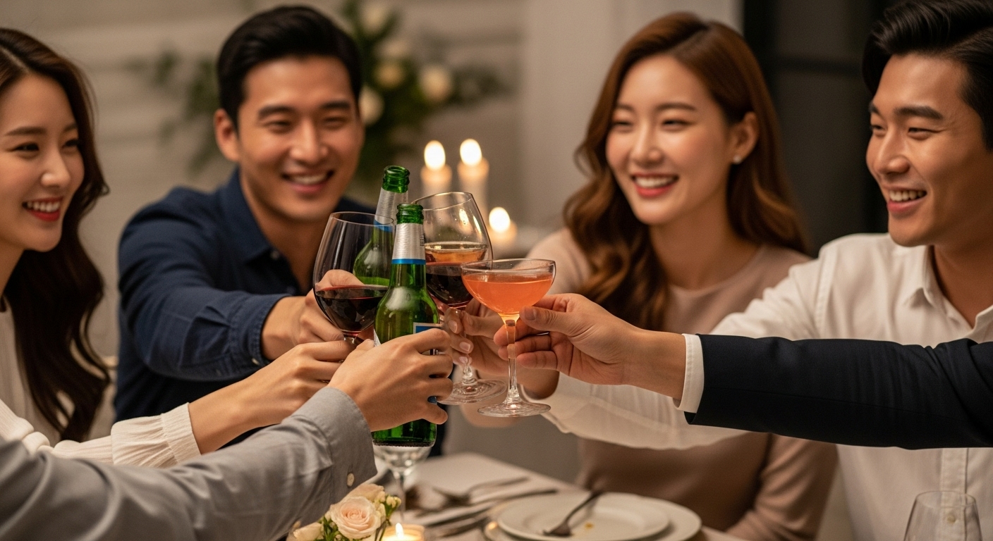 다양한 한국 친구들이 정갈하게 차려진 식탁에서 잔을 부딪히며 미소 짓는 장면