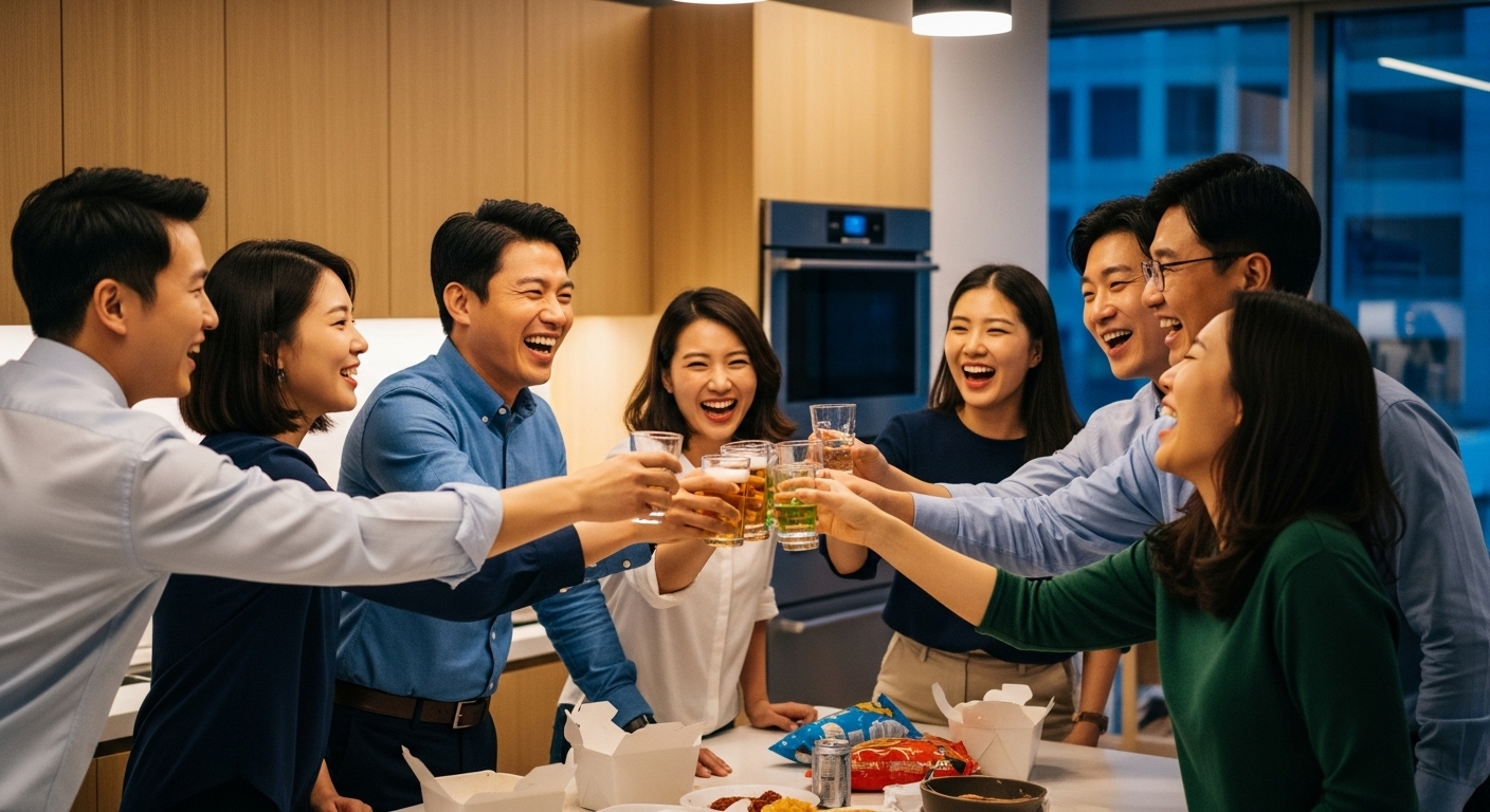 직장 동료들이 업무 후 사무실에서 유쾌하게 웃으며 잔을 드는 모습
