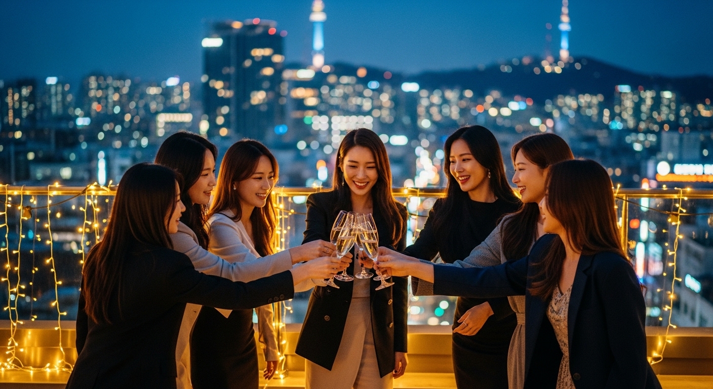 서울 루프탑 파티에서 샴페인 잔을 부딪히는 세련된 젊은 여성들