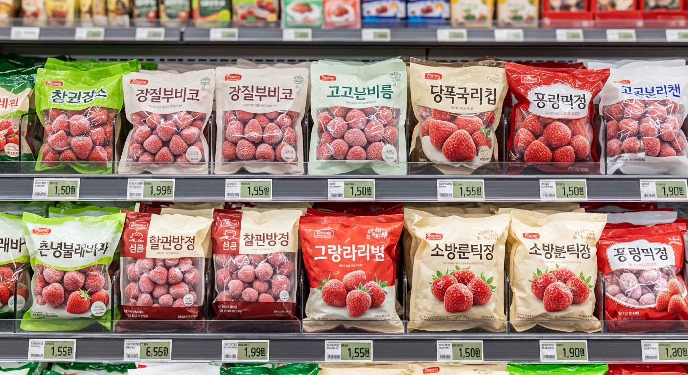 한국의 현대적인 마트에서 다양한 크기와 가격의 냉동 딸기 패키지 전시