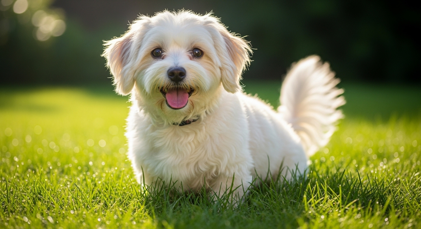 푸른 잔디 위에서 행복해 보이는 작은 꼬똥 드 툴레아 강아지