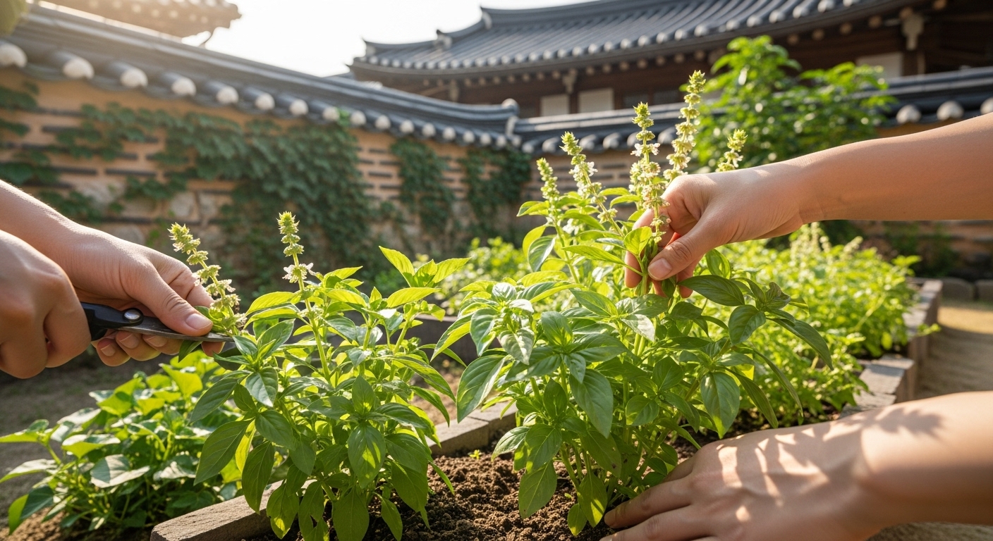 햇빛을 받으며 잘 자라는 가정 정원의 바질