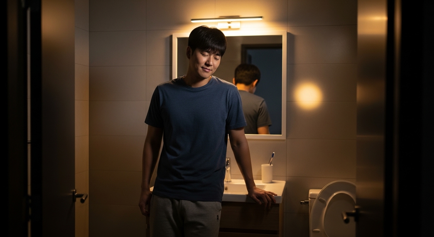 야간 화장실 사용 후 안도감을 느끼는 한국인 남성
