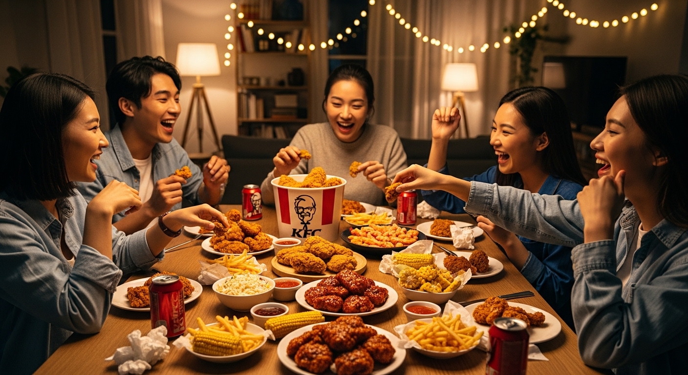 밤에 아늑한 집에서 친구들이 다양한 KFC 치킨 메뉴를 즐기는 모습