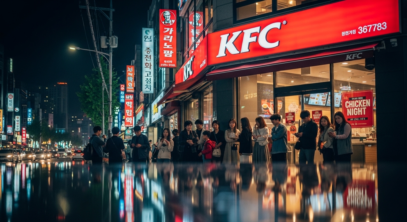 밤에 불빛이 반짝이는 거리에서 사람들이 줄을 서서 기다리는 모습