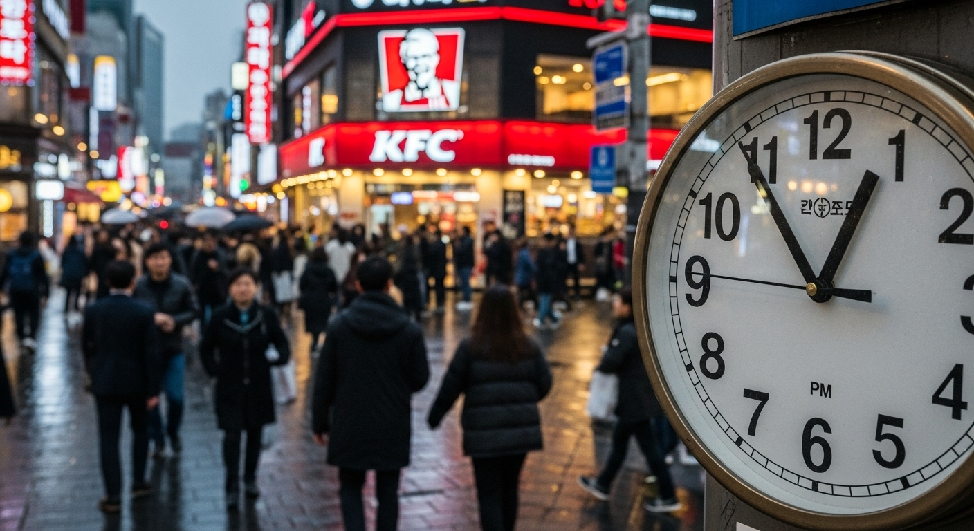 밤 9시에 사람들이 KFC로 향하는 번화가 시계 클로즈업