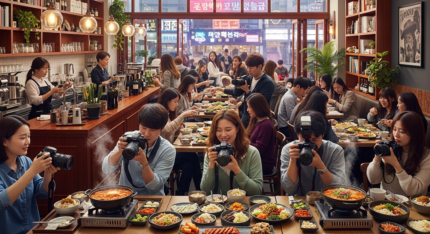 활기찬 카페에서 음식 블로거들이 다양한 음식을 논의하고 사진을 찍는 모습