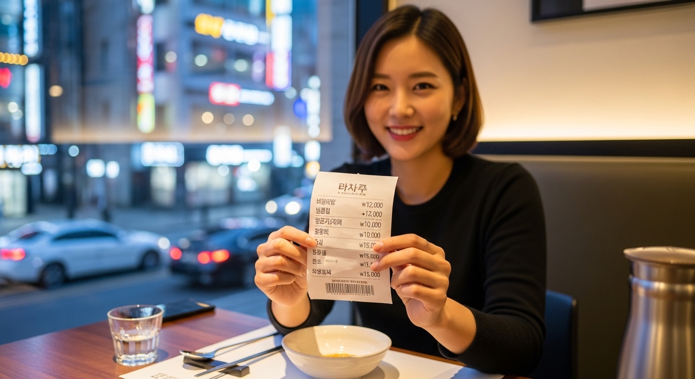저렴한 가격의 영수증을 들고 있는 만족스러운 고객과 현대적인 식당의 풍경
