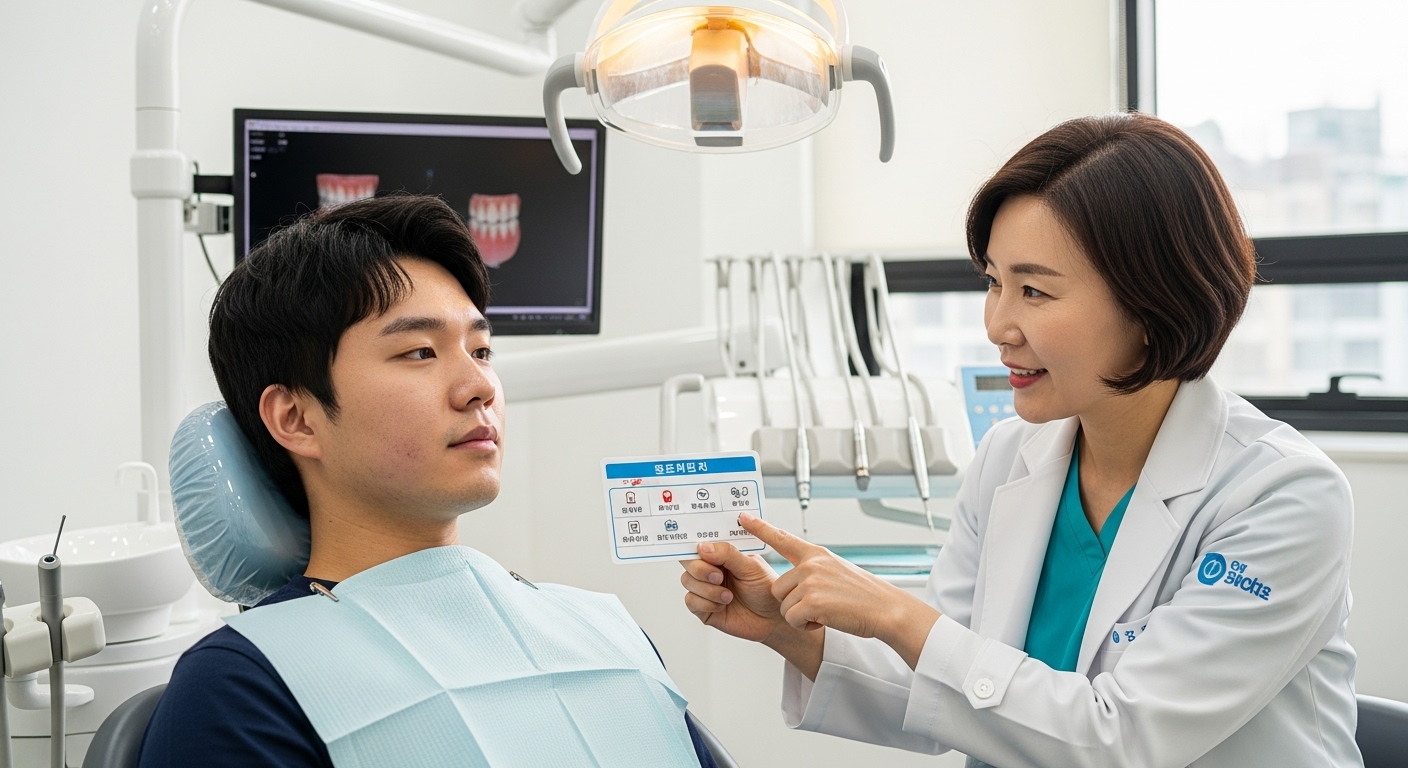 치과에서 의사의 조언을 듣고 있는 환자