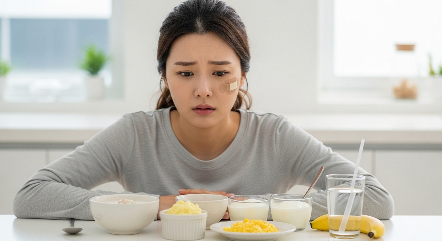 사랑니 발치 후 부드러운 음식들을 보며 걱정하는 여성의 모습