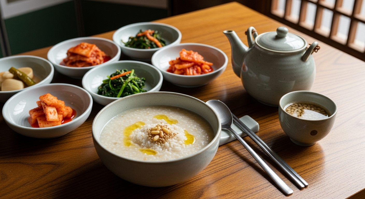 차가운 죽과 보리차가 놓인 한국식 상차림